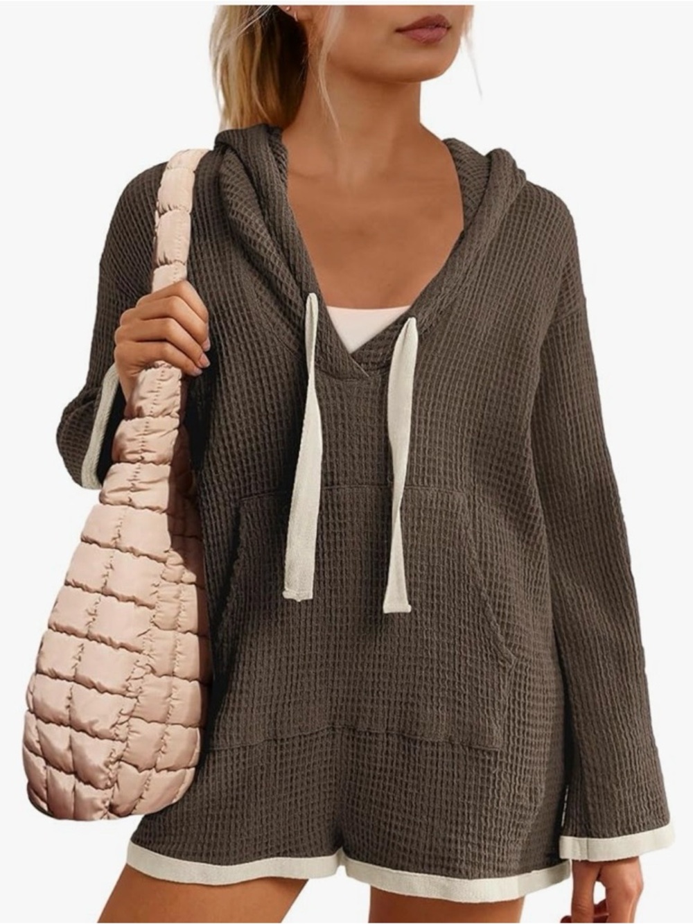 Amazon Dark Brown Waffle Knit V-Neck Hoodie Romper with Cream Accents